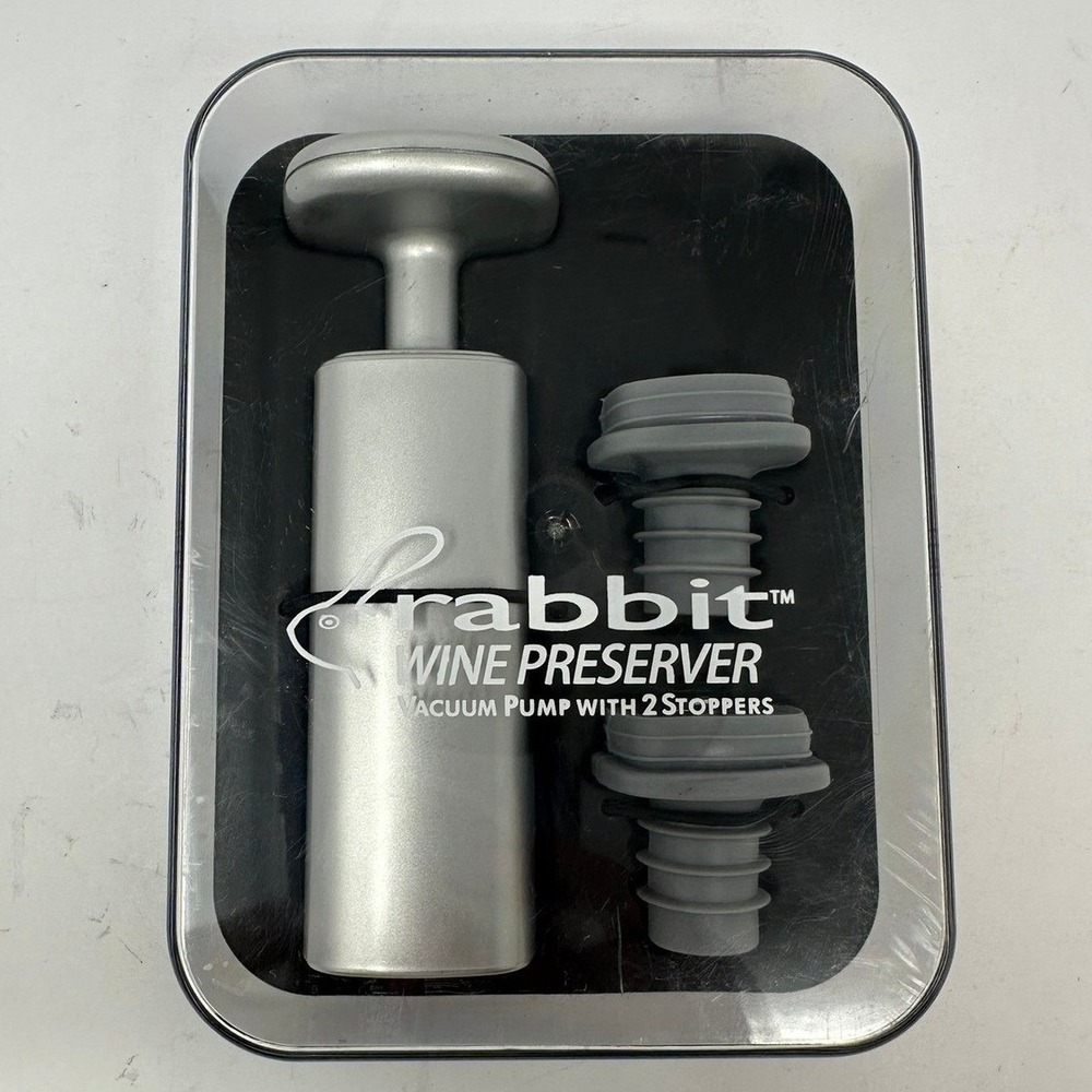 Rabbit Wine Preserver Vacuum Pump with 2 Stoppers Silver Metrokane 5405